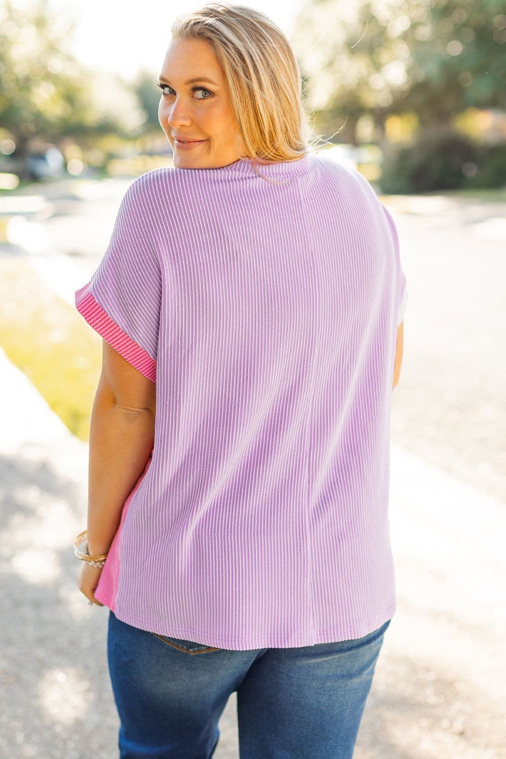image-Rose Red Leopard Colorblock Patchwork Corded Knit Plus T-Shirt