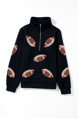 image-Sequin Rugby Sweatshirt - Quarter Zip, Textured Black with Football Patches
