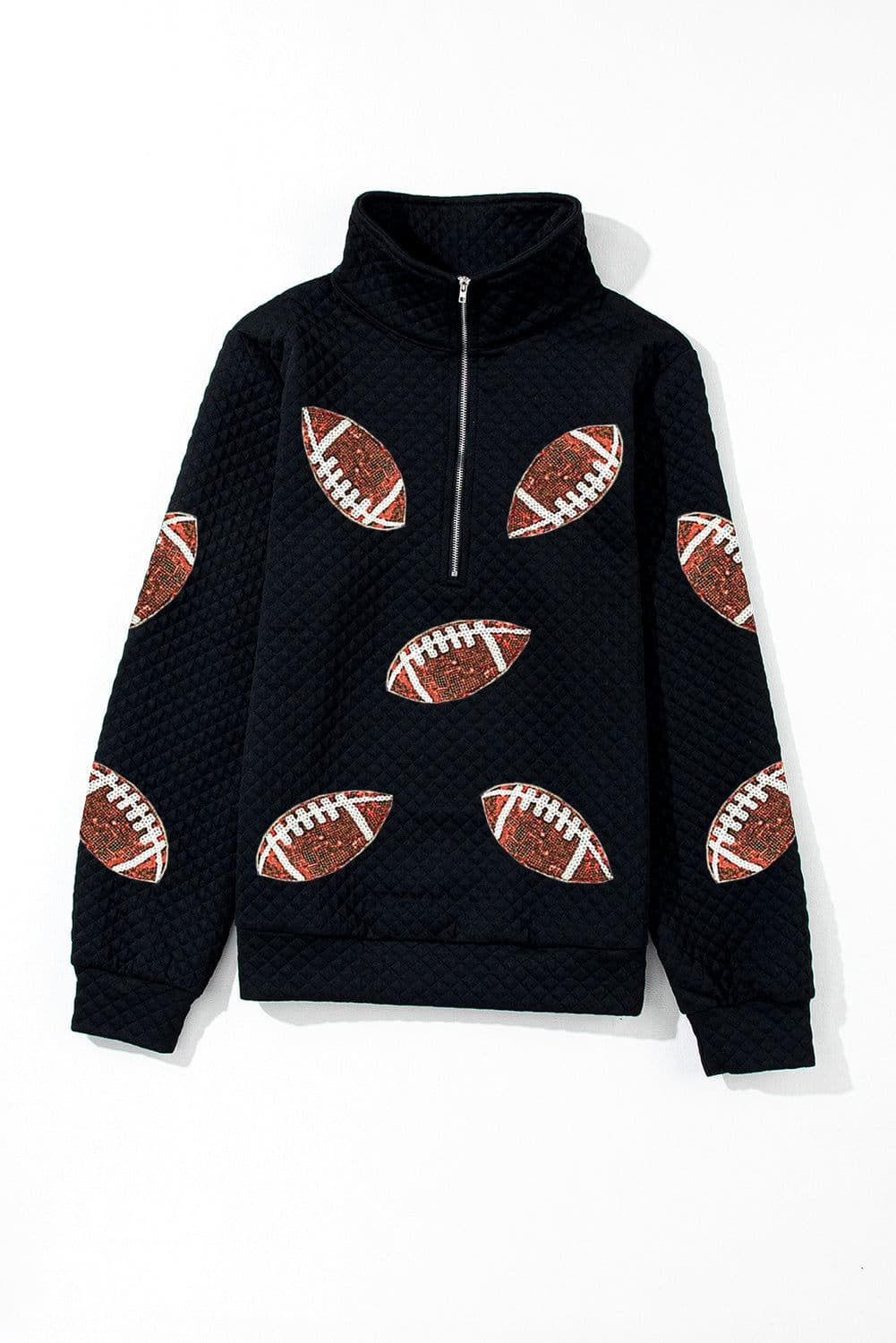 image-Sequin Rugby Sweatshirt - Quarter Zip, Textured Black with Football Patches
