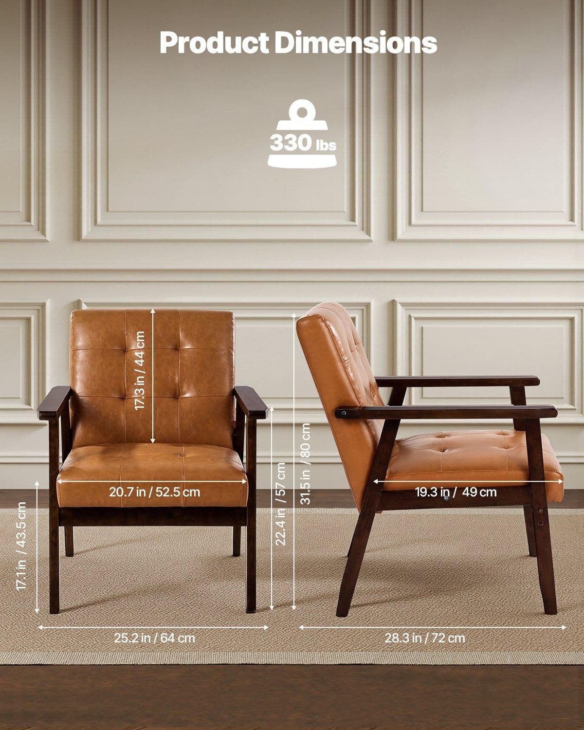 image-VEVOR Accent Chair, Mid Century Modern Armchair with Solid Wood Frame and Non-Slip Legs, Upholstered Leisure Chair with PU Leather and Soft Cushion, for Living Room, Bedroom, Office