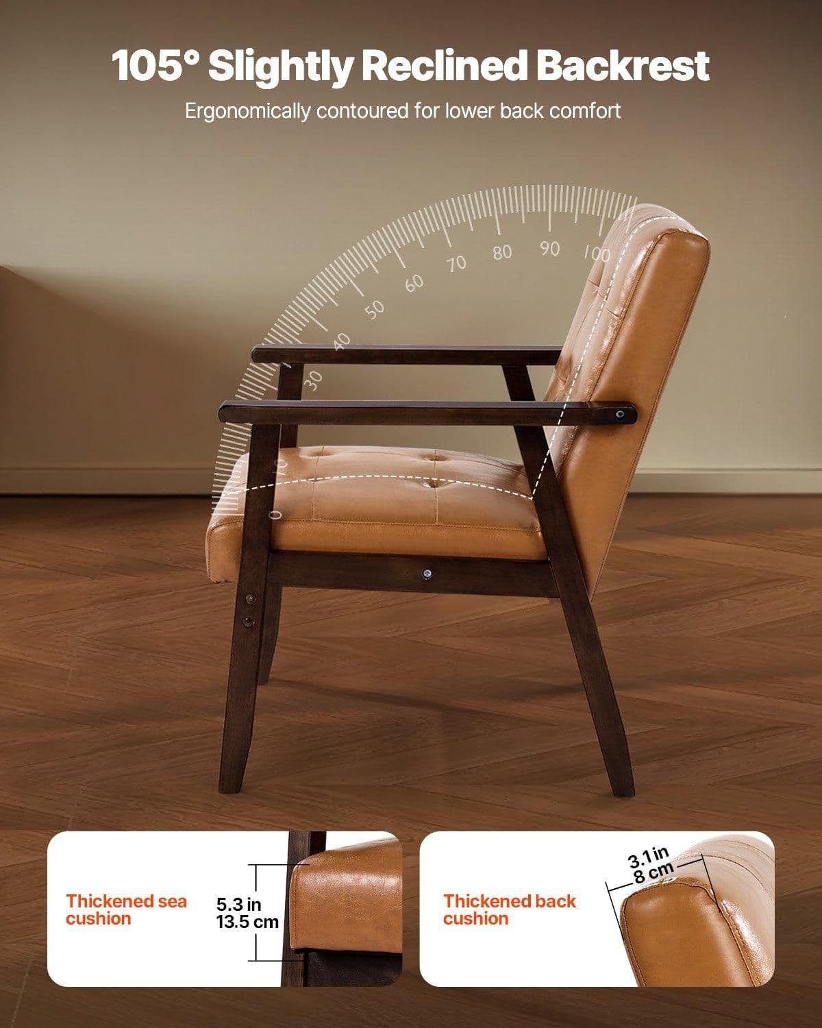 image-VEVOR Accent Chair, Mid Century Modern Armchair with Solid Wood Frame and Non-Slip Legs, Upholstered Leisure Chair with PU Leather and Soft Cushion, for Living Room, Bedroom, Office