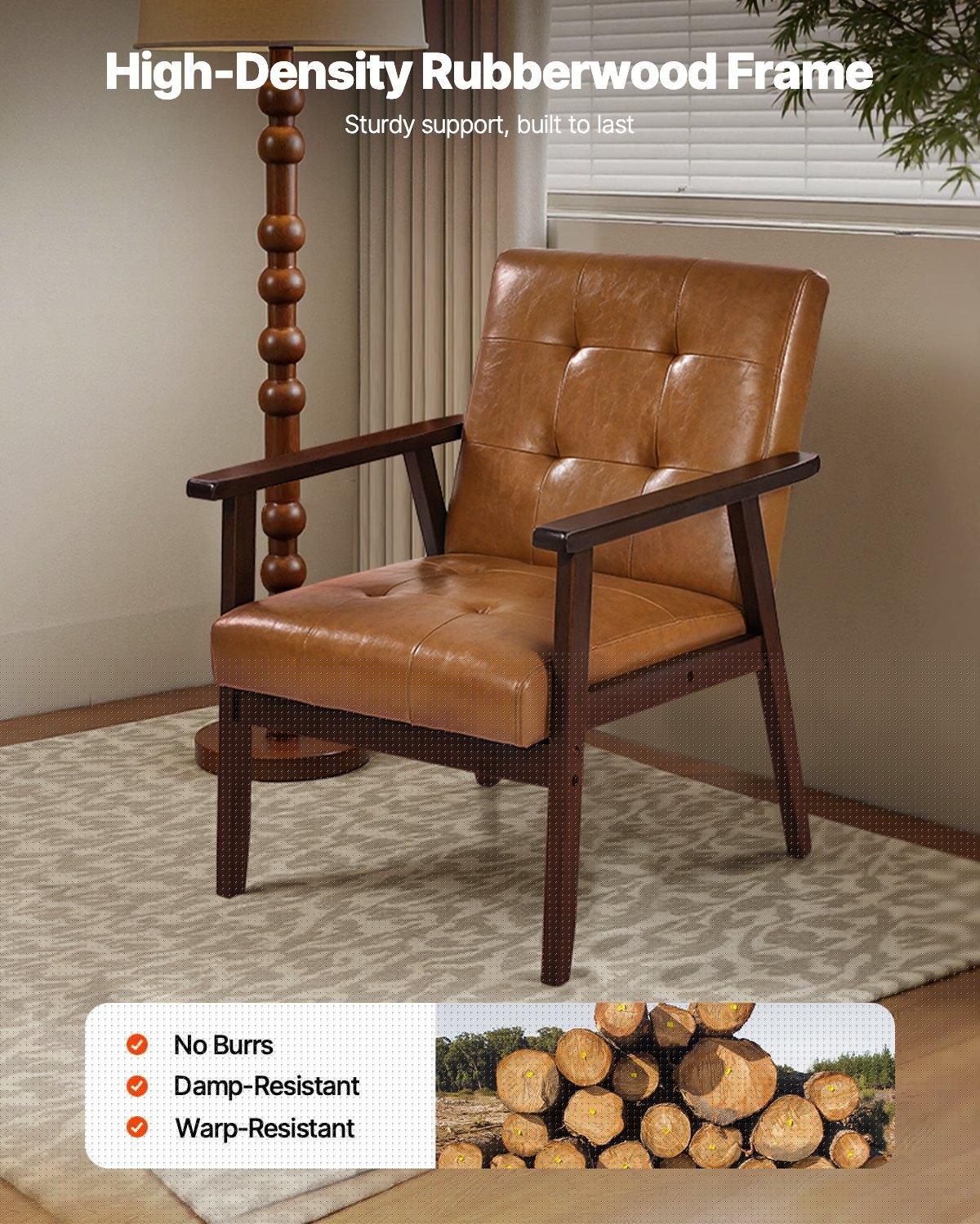image-VEVOR Accent Chair, Mid Century Modern Armchair with Solid Wood Frame and Non-Slip Legs, Upholstered Leisure Chair with PU Leather and Soft Cushion, for Living Room, Bedroom, Office