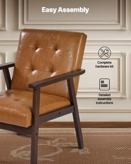 image-VEVOR Accent Chair, Mid Century Modern Armchair with Solid Wood Frame and Non-Slip Legs, Upholstered Leisure Chair with PU Leather and Soft Cushion, for Living Room, Bedroom, Office