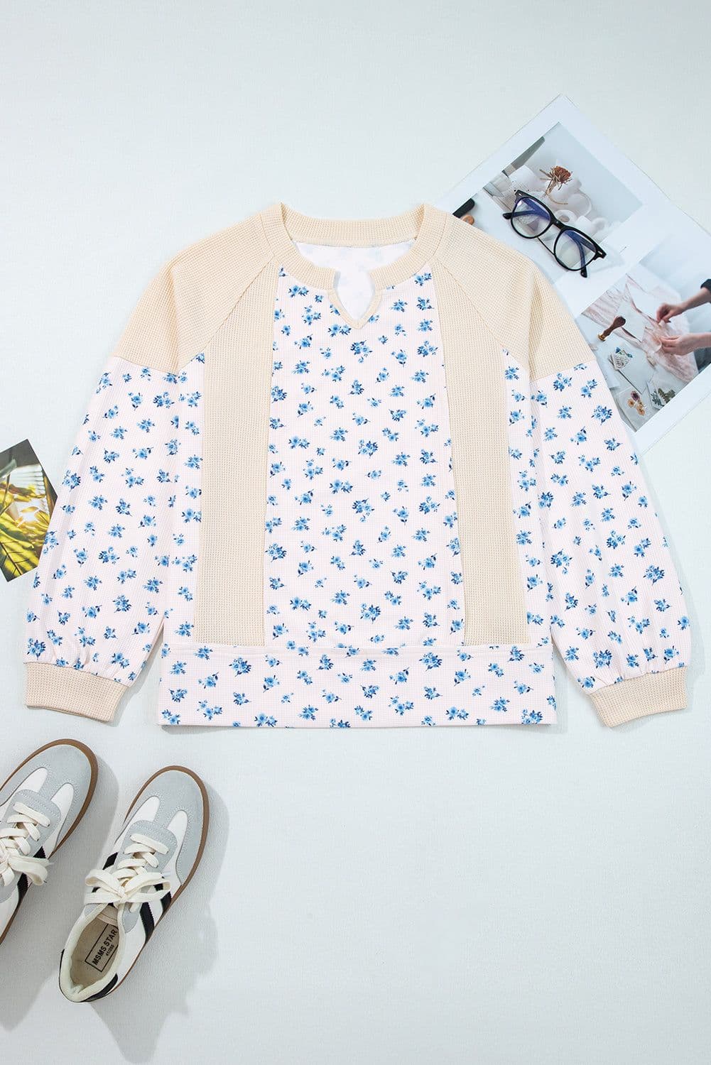 image-Beige Waffle Knit Floral Color Block Top