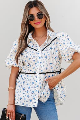 image-White Contrast Trim Floral Puff Short Sleeve Shirt