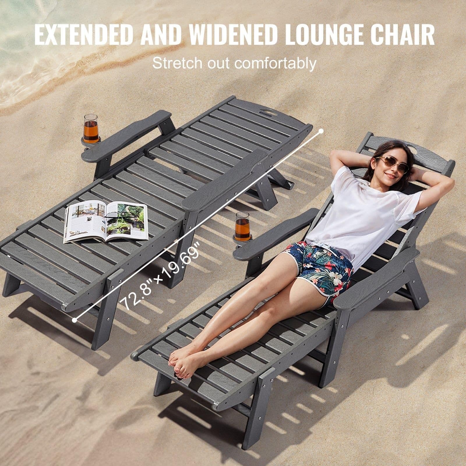 image-VEVOR Chaise Lounge Chair, 400 lbs Weight Capacity, 6 Positions Adjustable Patio Lounge Chair, Outdoor HDPE Lounge Chair with Backrest & Cup Holder, for Pool Poolside Deck Backyard Lawn, Gray
