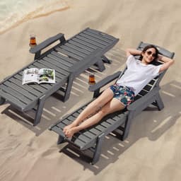image-VEVOR Chaise Lounge Chair, 400 lbs Weight Capacity, 6 Positions Adjustable Patio Lounge Chair, Outdoor HDPE Lounge Chair with Backrest & Cup Holder, for Pool Poolside Deck Backyard Lawn, Gray