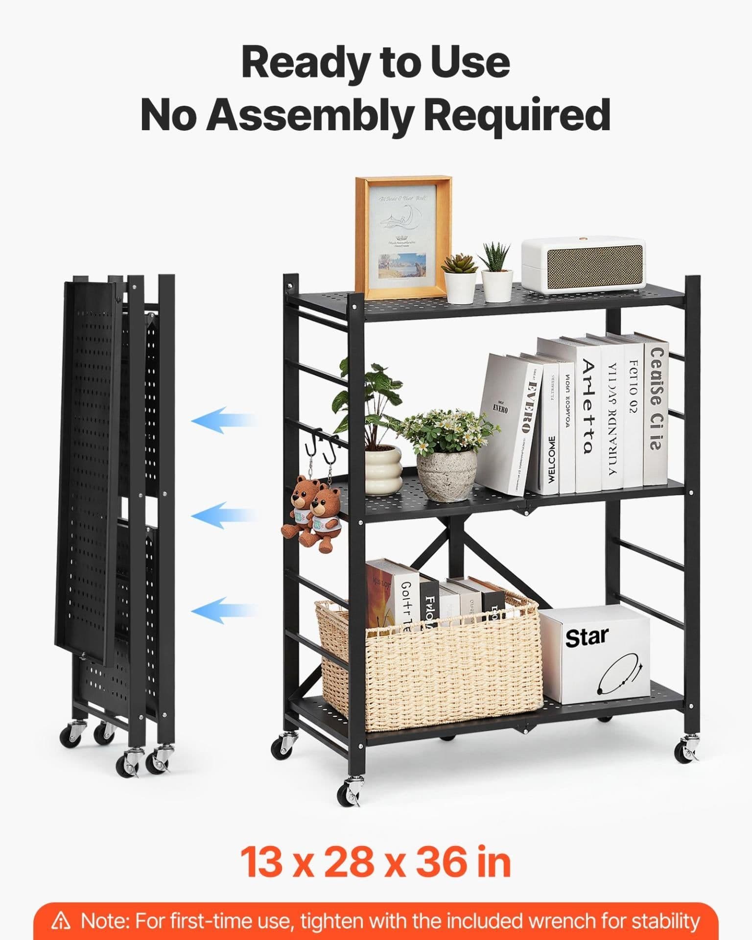 image-VEVOR 3-Tier Foldable Metal Storage Shelf with Wheels - Black