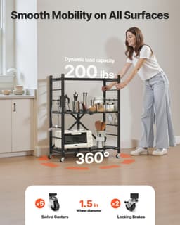 image-VEVOR 3-Tier Foldable Metal Storage Shelf with Wheels - Black