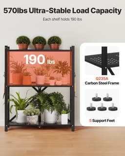 image-VEVOR 3-Tier Foldable Metal Storage Shelf with Wheels - Black