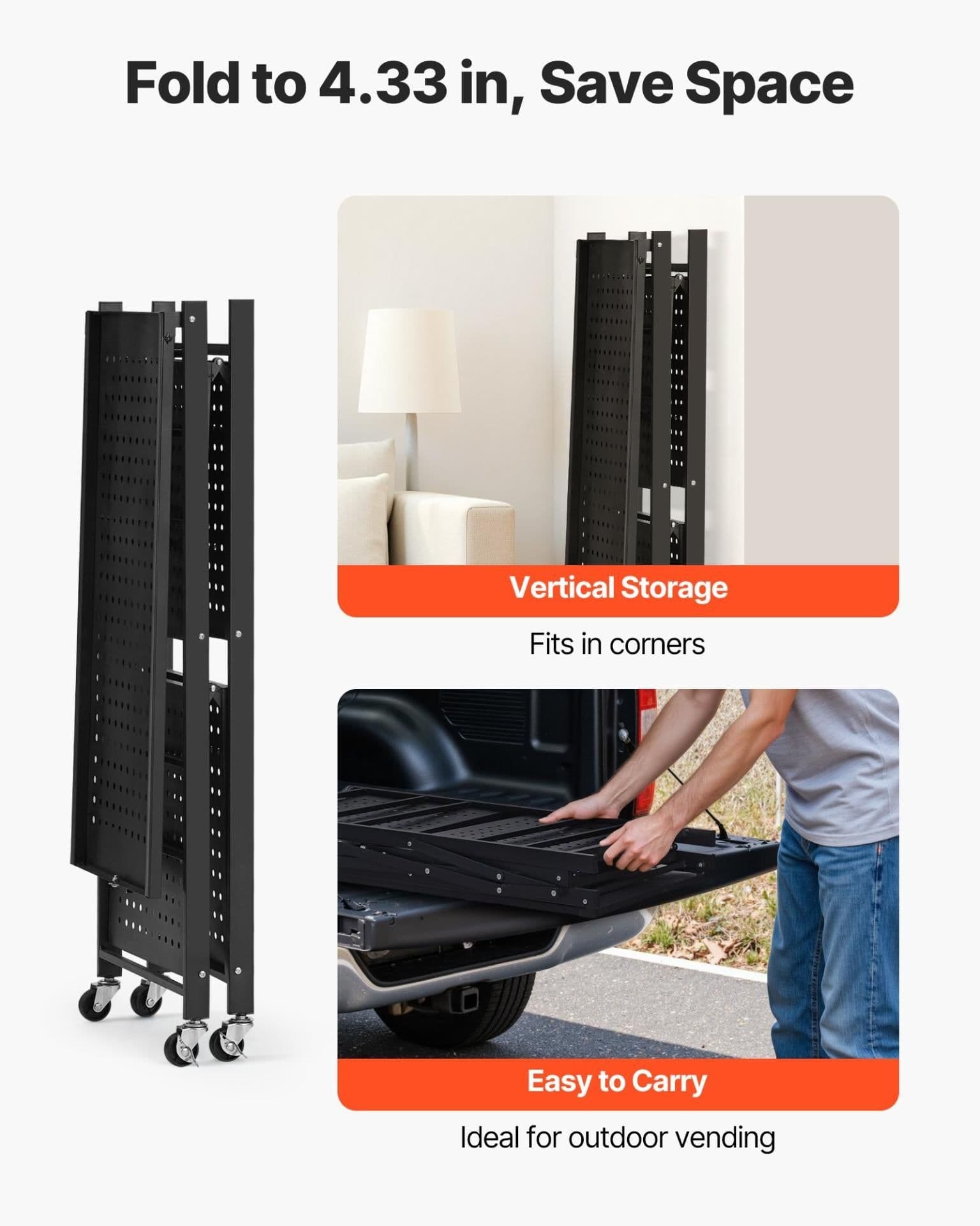 image-VEVOR 3-Tier Foldable Metal Storage Shelf with Wheels - Black