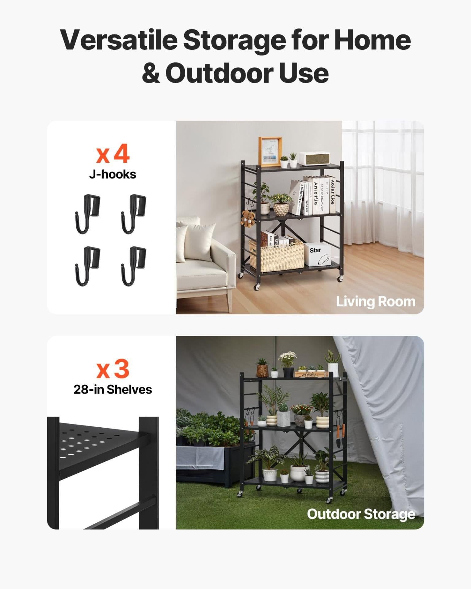 image-VEVOR 3-Tier Foldable Metal Storage Shelf with Wheels - Black