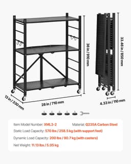 image-VEVOR 3-Tier Foldable Metal Storage Shelf with Wheels - Black