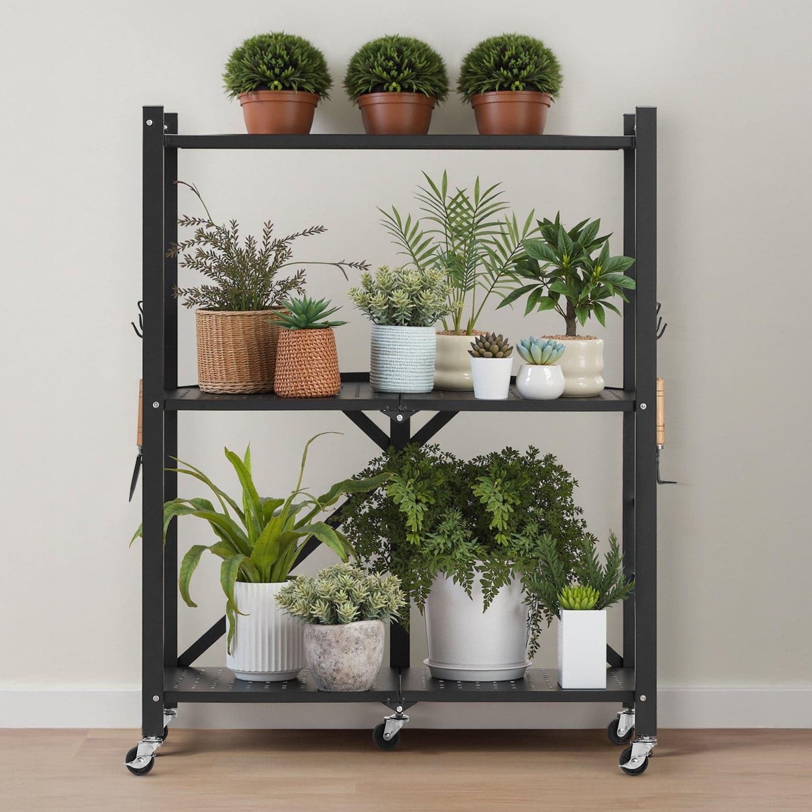 image-VEVOR 3-Tier Foldable Metal Storage Shelf with Wheels - Black
