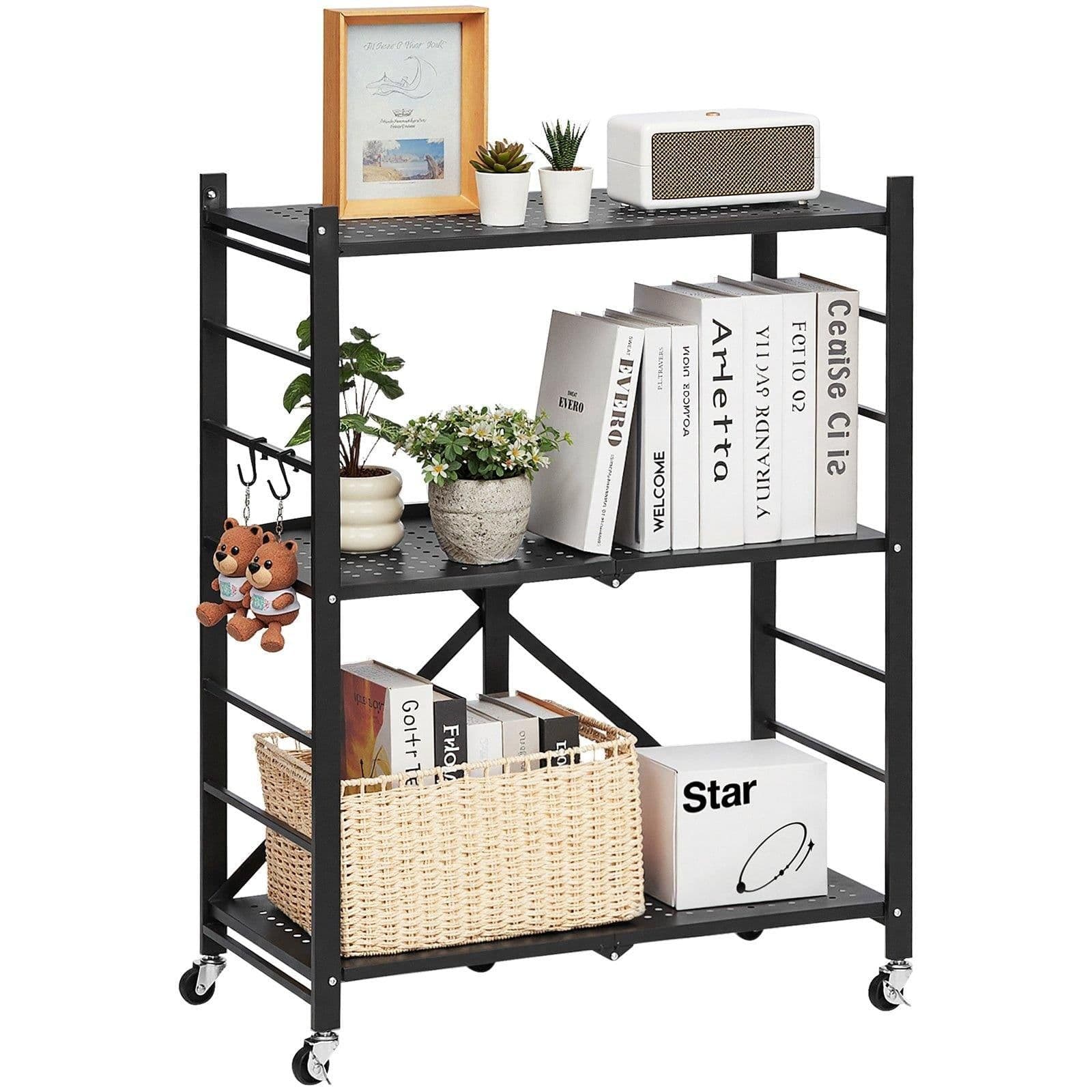 image-VEVOR 3-Tier Foldable Metal Storage Shelf with Wheels - Black
