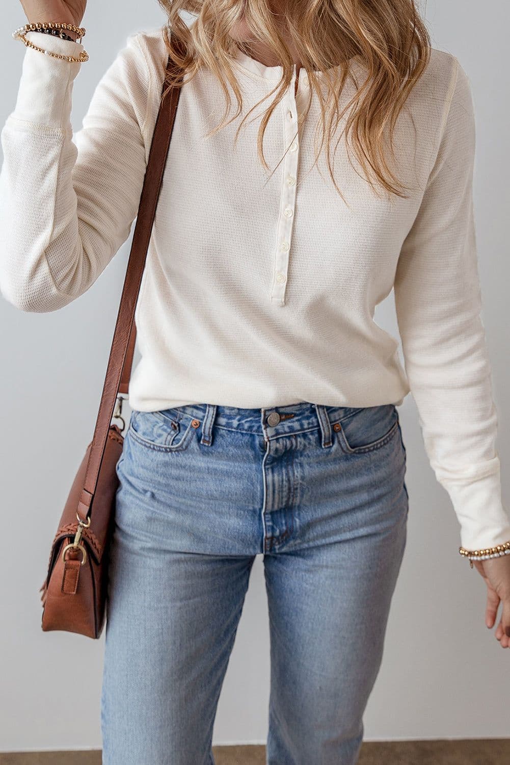 image-White Waffle Half Button Long Sleeve Top (65 characters)