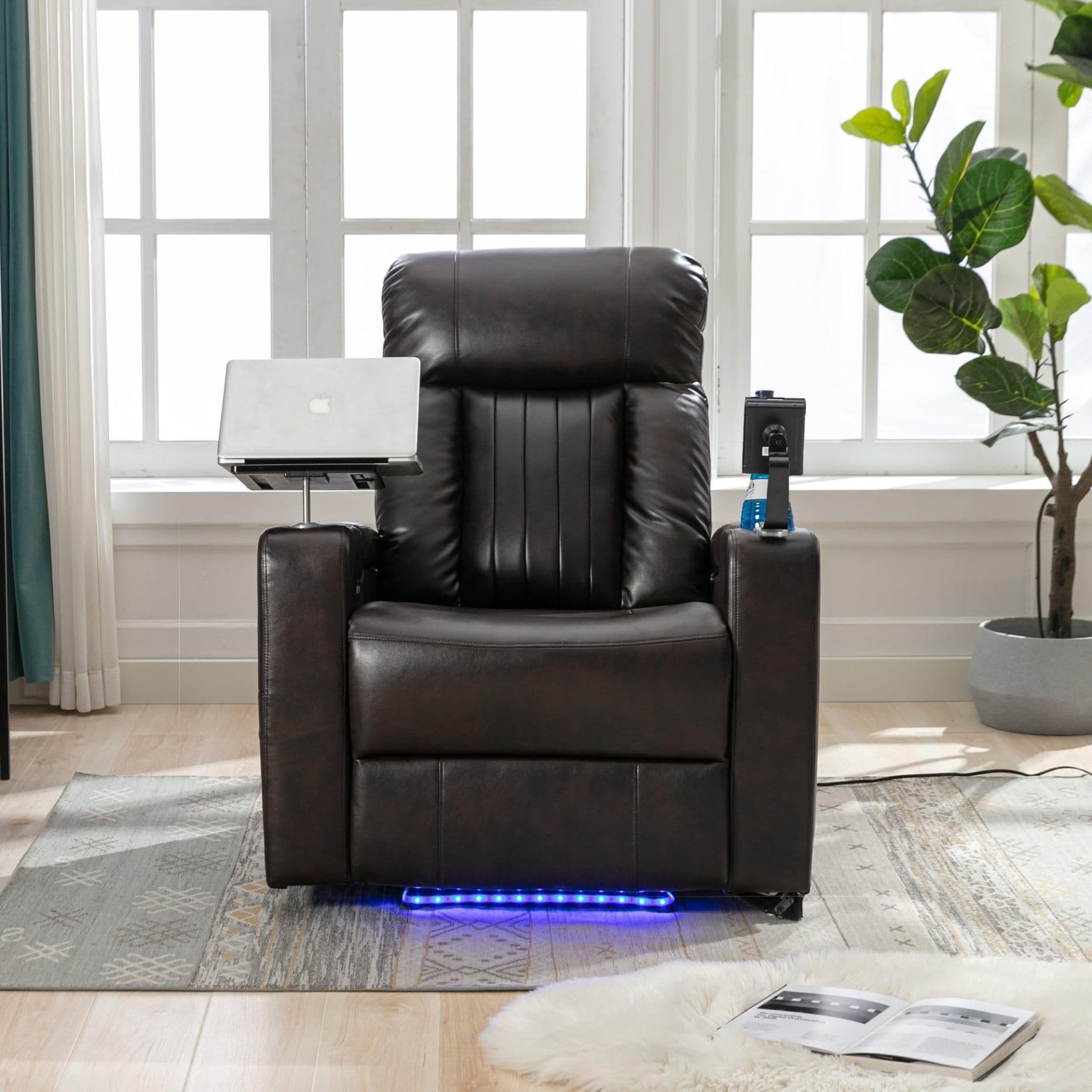 image-Premium Power Recliner with Storage Arms, Cupholders, Swivel Tray Table and Cell Phone Stand, Brown PU Leather, 35'' x 29.9'' x 41.2''