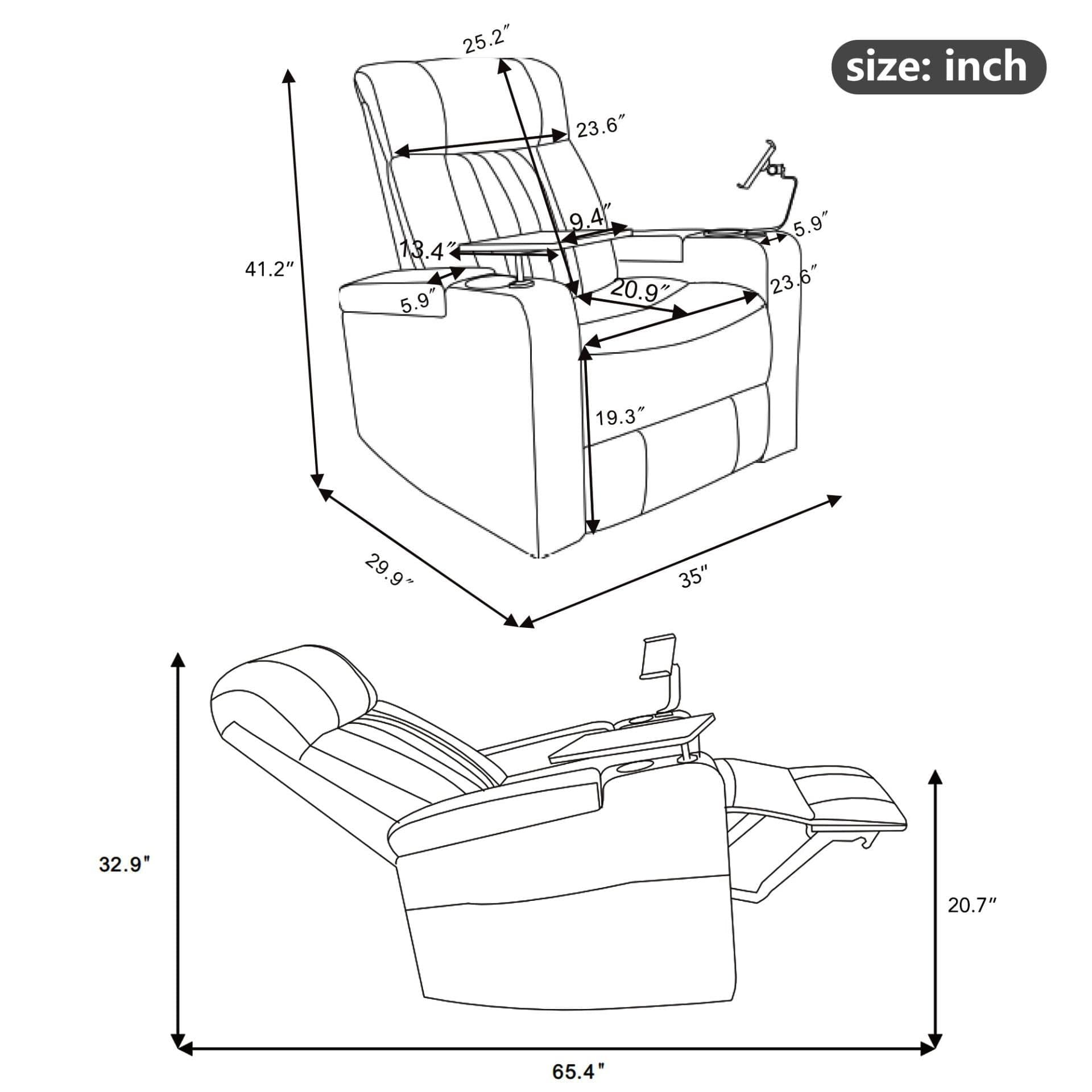 image-Premium Power Recliner with Storage Arms, Cupholders, Swivel Tray Table and Cell Phone Stand, Brown PU Leather, 35'' x 29.9'' x 41.2''