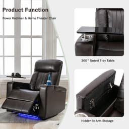 image-Premium Power Recliner with Storage Arms, Cupholders, Swivel Tray Table and Cell Phone Stand, Brown PU Leather, 35'' x 29.9'' x 41.2''