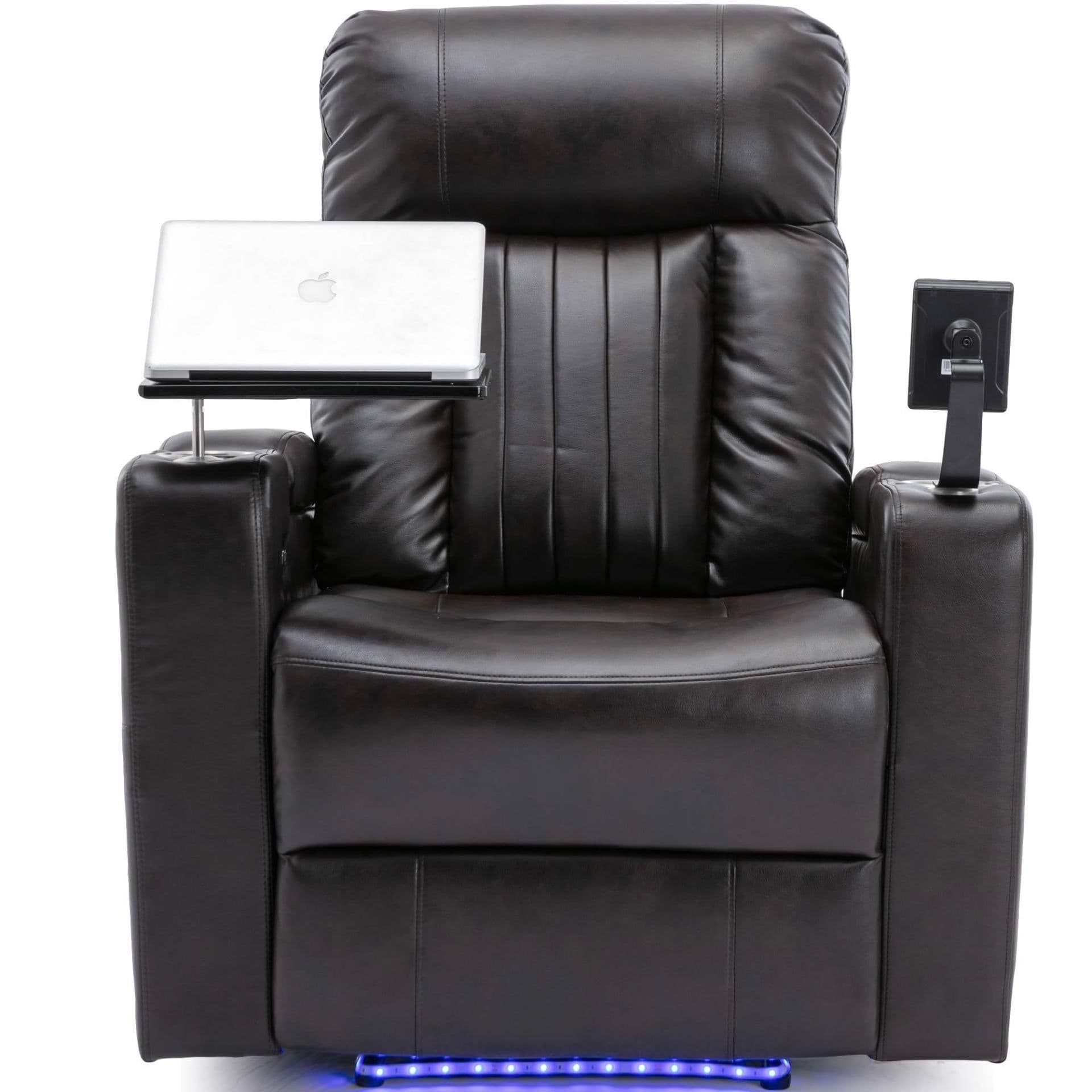 image-Premium Power Recliner with Storage Arms, Cupholders, Swivel Tray Table and Cell Phone Stand, Brown PU Leather, 35'' x 29.9'' x 41.2''