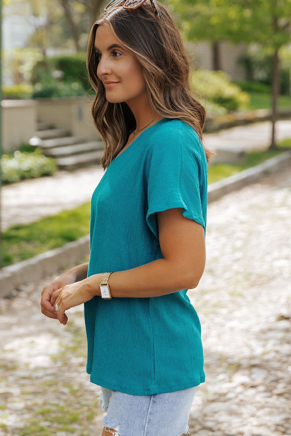 image-Blue Sapphire Crinkled V Neck T-shirt - Women's Fashion