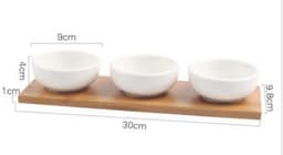 image-Ceramic Divided Serving Dish with Wooden Tray - Porcelain Bowl