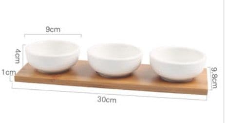 image-Ceramic Divided Serving Dish with Wooden Tray - Porcelain Bowl