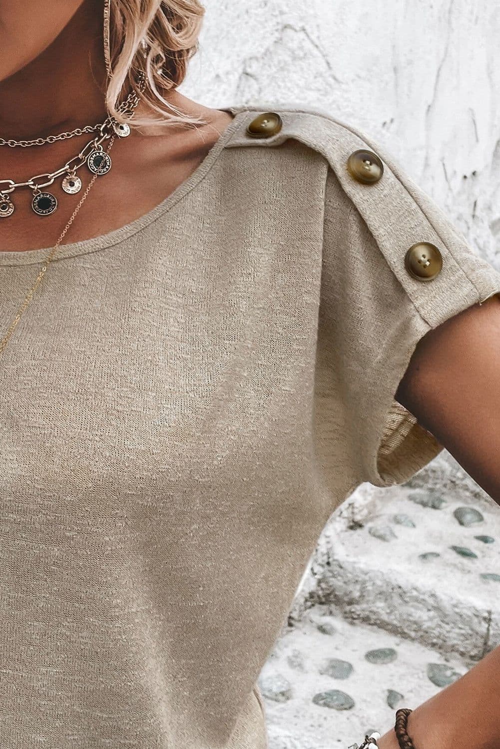 image-Smoke Gray Batwing Sleeve Casual Tee - Button Detail, Versatile