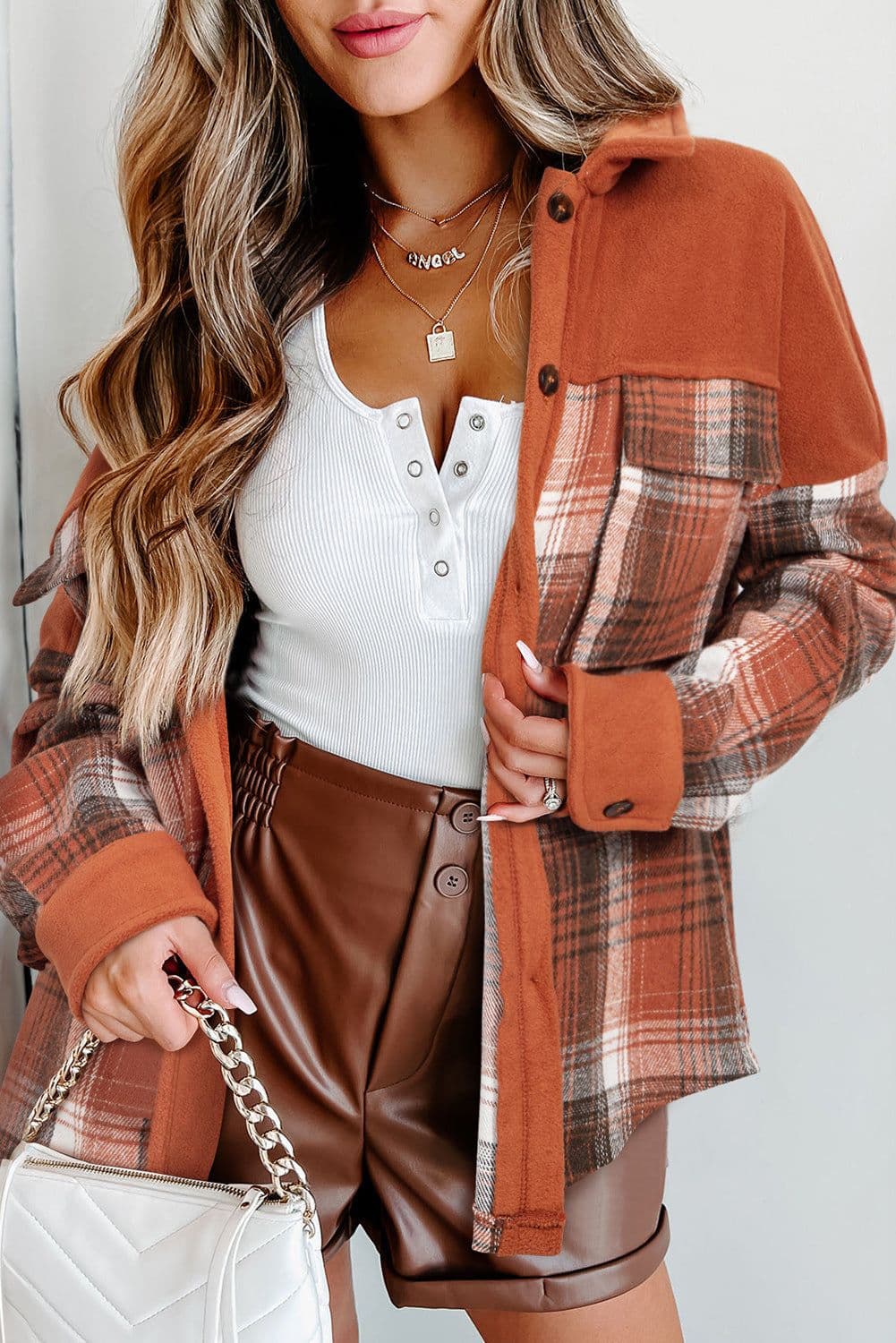image-Khaki Plaid Pattern Shacket with Flap Pockets