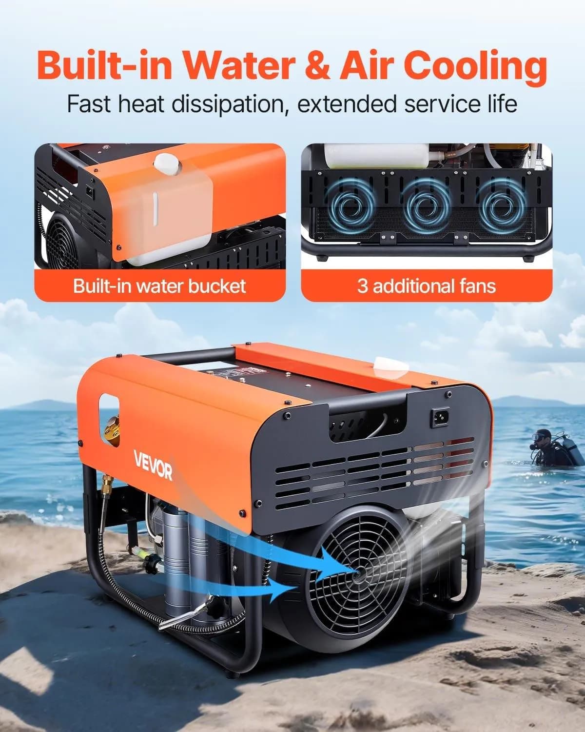 image-VEVOR PCP Air Compressor, 4500PSI/30Mpa Diving Scuba Tank Air Compressor, Double Cylinder Auto-Stop PCP Diving Compressor with Built-in Water & Fan Cooling System for Paintball, Air Rifle, Scuba Tanks