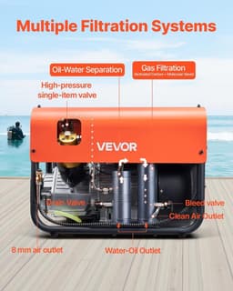 image-VEVOR PCP Air Compressor, 4500PSI/30Mpa Diving Scuba Tank Air Compressor, Double Cylinder Auto-Stop PCP Diving Compressor with Built-in Water & Fan Cooling System for Paintball, Air Rifle, Scuba Tanks