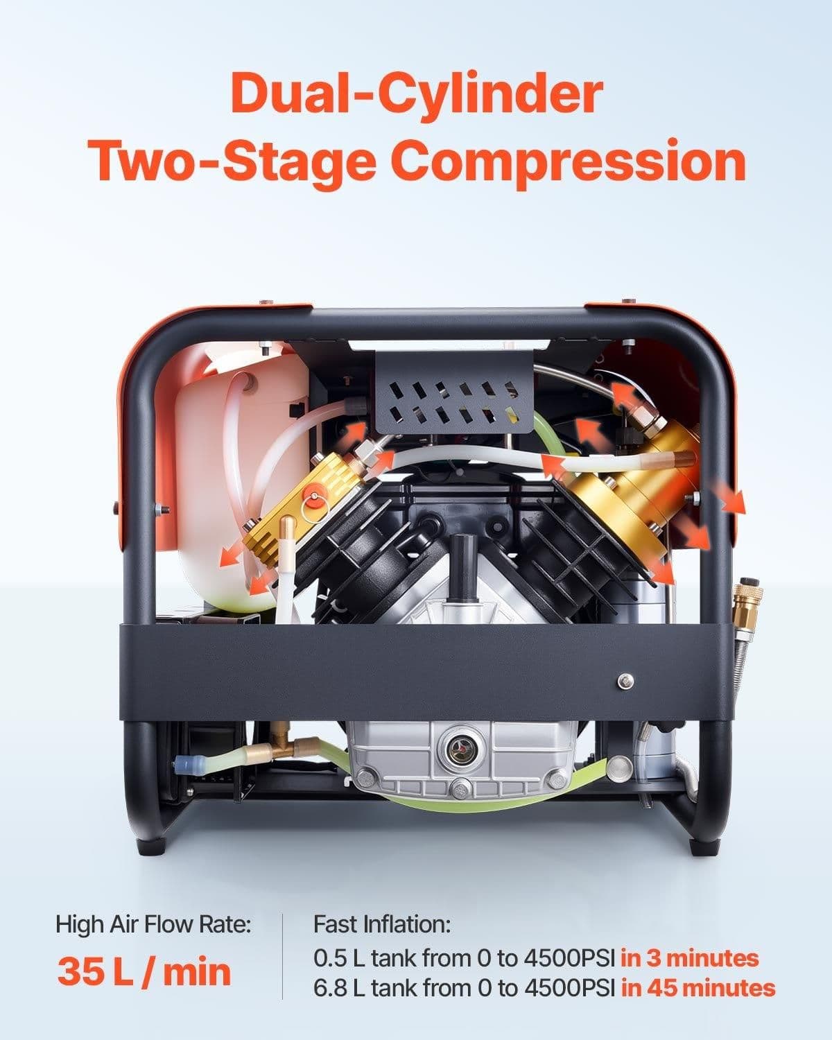 image-VEVOR PCP Air Compressor, 4500PSI/30Mpa Diving Scuba Tank Air Compressor, Double Cylinder Auto-Stop PCP Diving Compressor with Built-in Water & Fan Cooling System for Paintball, Air Rifle, Scuba Tanks