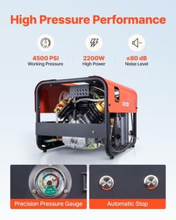 image-VEVOR PCP Air Compressor, 4500PSI/30Mpa Diving Scuba Tank Air Compressor, Double Cylinder Auto-Stop PCP Diving Compressor with Built-in Water & Fan Cooling System for Paintball, Air Rifle, Scuba Tanks