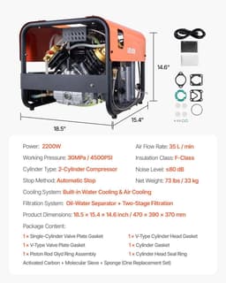 image-VEVOR PCP Air Compressor, 4500PSI/30Mpa Diving Scuba Tank Air Compressor, Double Cylinder Auto-Stop PCP Diving Compressor with Built-in Water & Fan Cooling System for Paintball, Air Rifle, Scuba Tanks