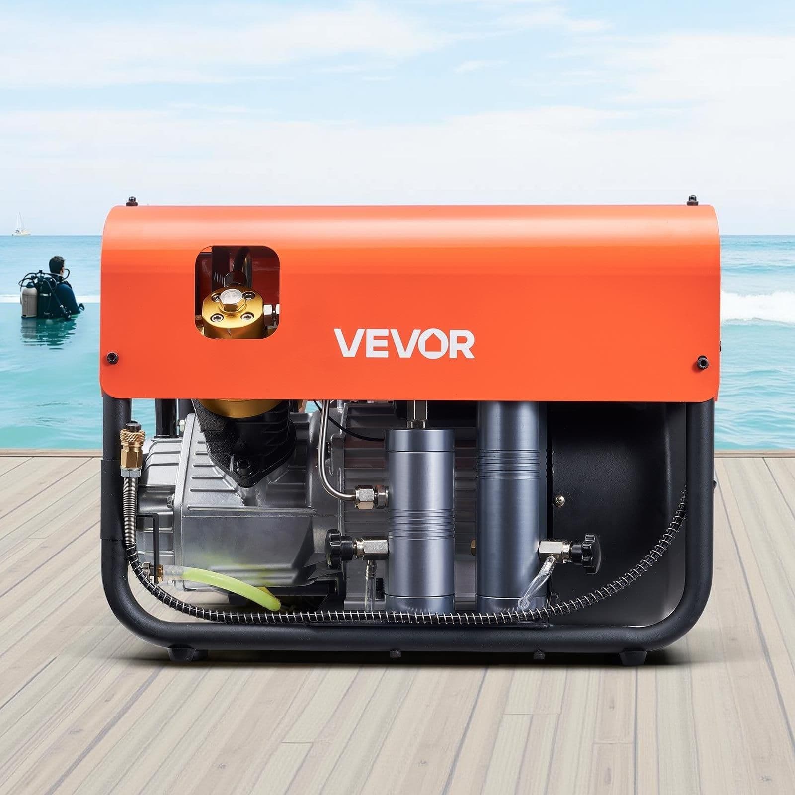 image-VEVOR PCP Air Compressor, 4500PSI/30Mpa Diving Scuba Tank Air Compressor, Double Cylinder Auto-Stop PCP Diving Compressor with Built-in Water & Fan Cooling System for Paintball, Air Rifle, Scuba Tanks