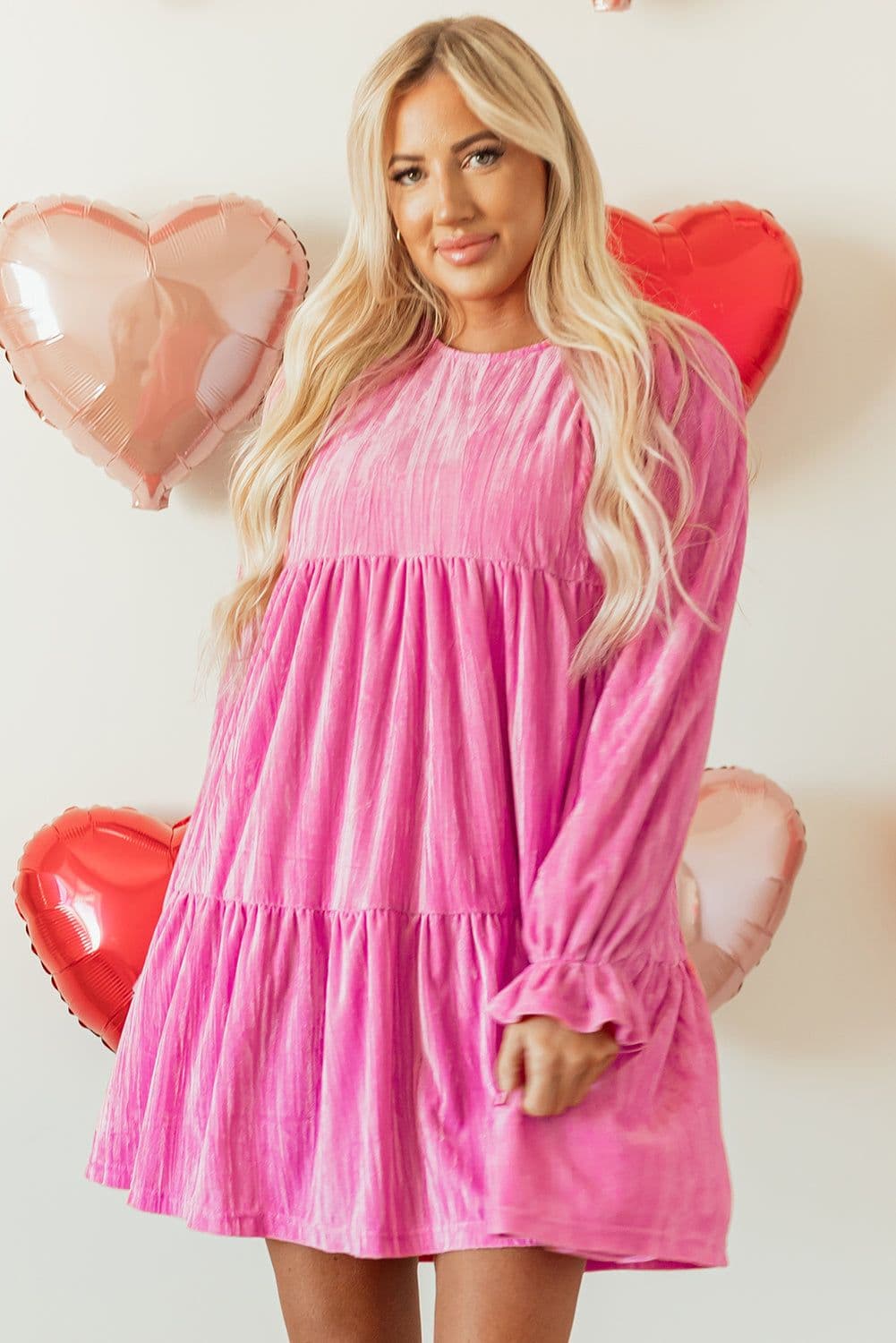 image-Strawberry Pink Velvet Ruffled Tiered Mini Dress - Flounce Sleeves