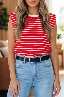 image-Brown Stripe Ribbed Round Neck Loose Tank Top