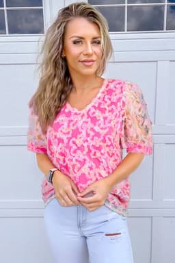 image-Bonbon Flowery Mesh Puff Sleeve Blouse - V-Neck