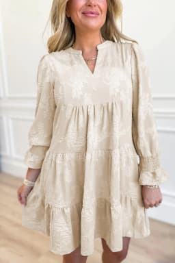 image-Parchment Long Sleeve Notched Neck Jacquard Tiered Mini Dress