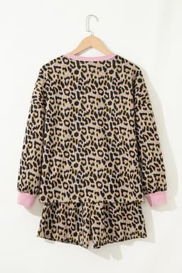 image-Pink Leopard Print Contrast Edge Long Sleeve Pullover Shorts Set