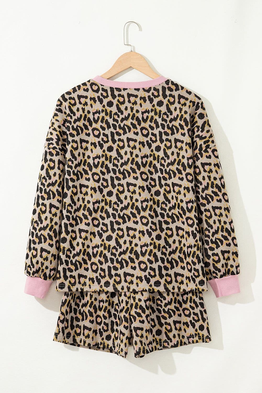 image-Pink Leopard Print Contrast Edge Long Sleeve Pullover Shorts Set