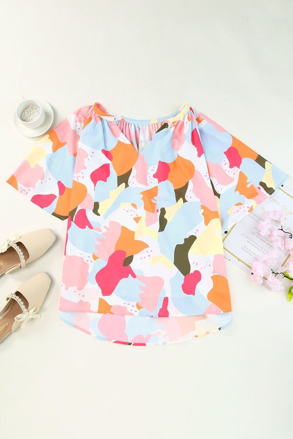 image-Multicolor Floral Print V Neck Half Sleeve Blouse
