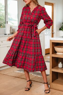 image-Red Christmas Plaid V Neck 3/4 Sleeve Tie Waist Dress