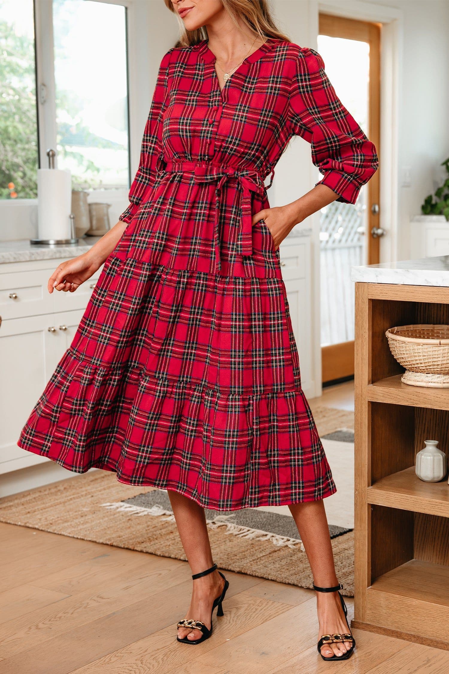 image-Red Christmas Plaid V Neck 3/4 Sleeve Tie Waist Dress