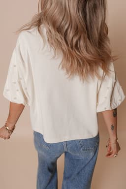image-White Pearled Puff Sleeve Blouse - Round Neck Loose