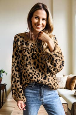 image-Light French Beige Leopard Drop Shoulder Sweater