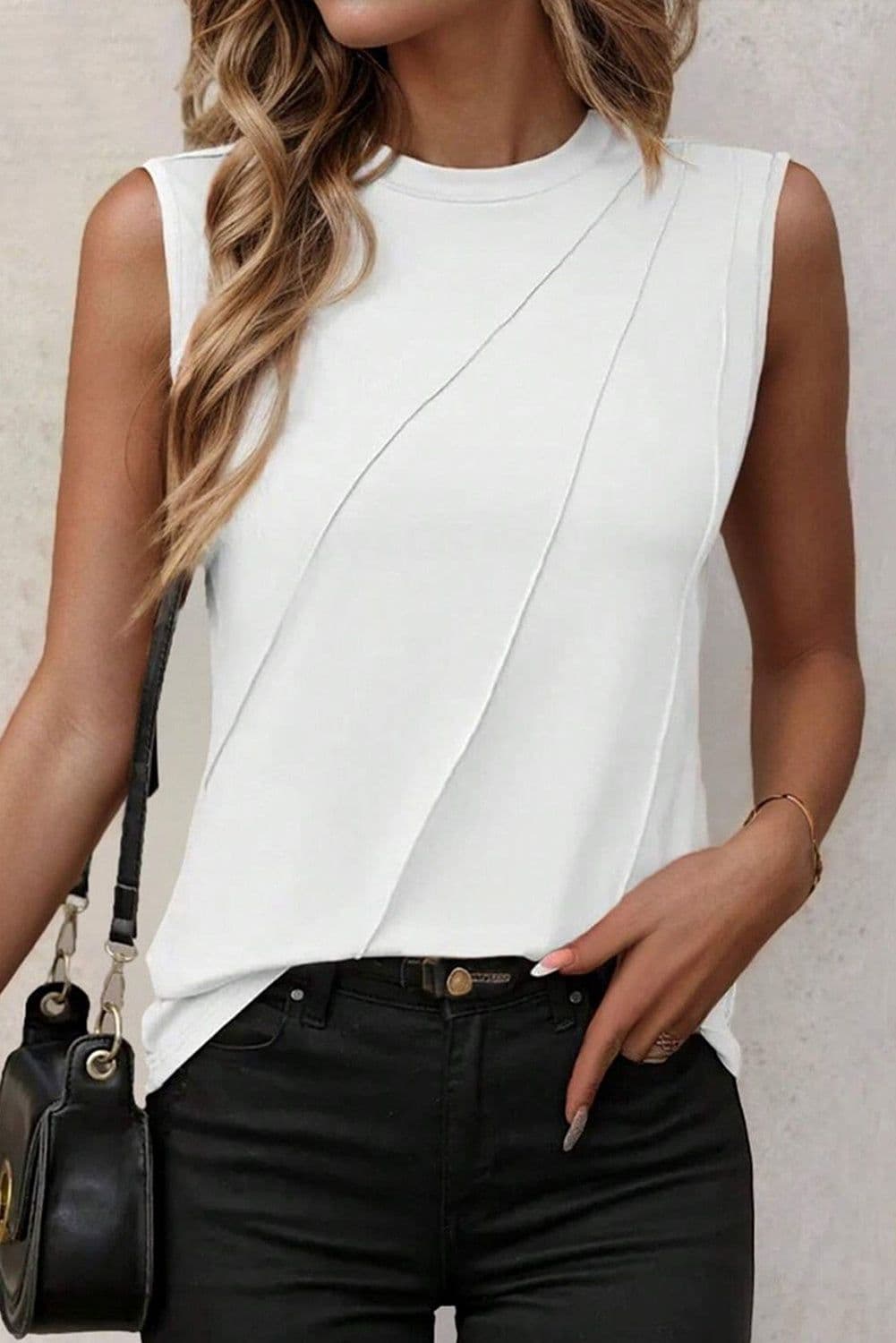 image-White Crew Neck Pleated Tank Top