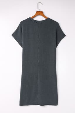 image-Blue Striped Ribbed Knit T-Shirt Shift Dress, Size Chart, Loose Fit, Fashionable Patch Pocket