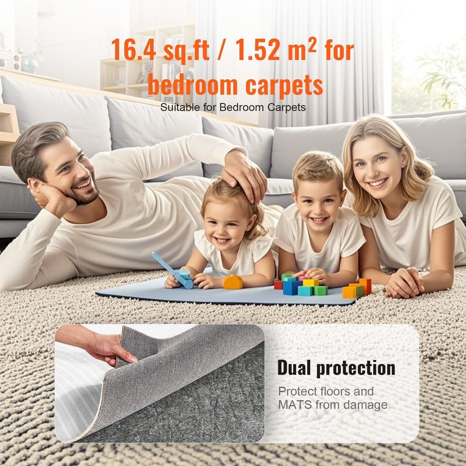 image-VEVOR - Slip-Resistant Rug Pad - Protective Cushioning Carpet Pad - 9' x 12' - 1/4"Thick - Dual Surface - Polyester Felt + Latex - Gray - 10-11㎡ Area Carpet Padding Rug Cushion Safe for All Floors