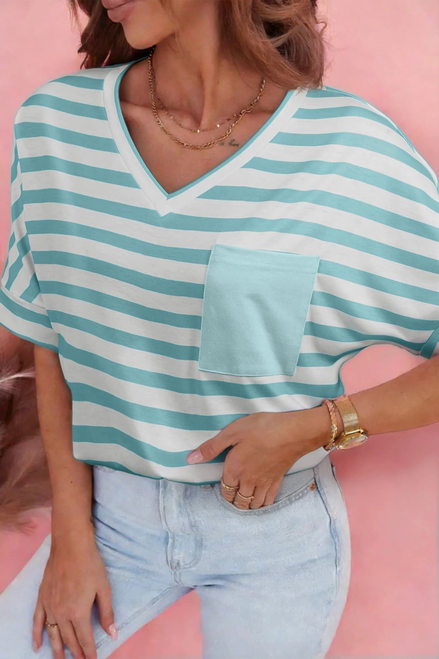 image-Sky Blue Stripe V Neck T Shirt Patched Pocket
